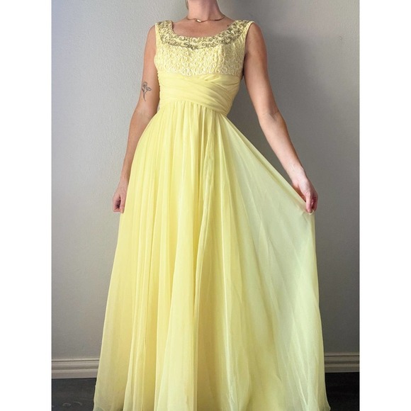 Vintage Dresses & Skirts - Vintage 1960's Mike Benet Yellow Chiffon Beaded Formal Maxi Gown